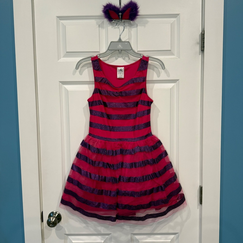 Disney Cheshire Cat Striped Costume Dress Pink Purple Glitter Womens Size XXS